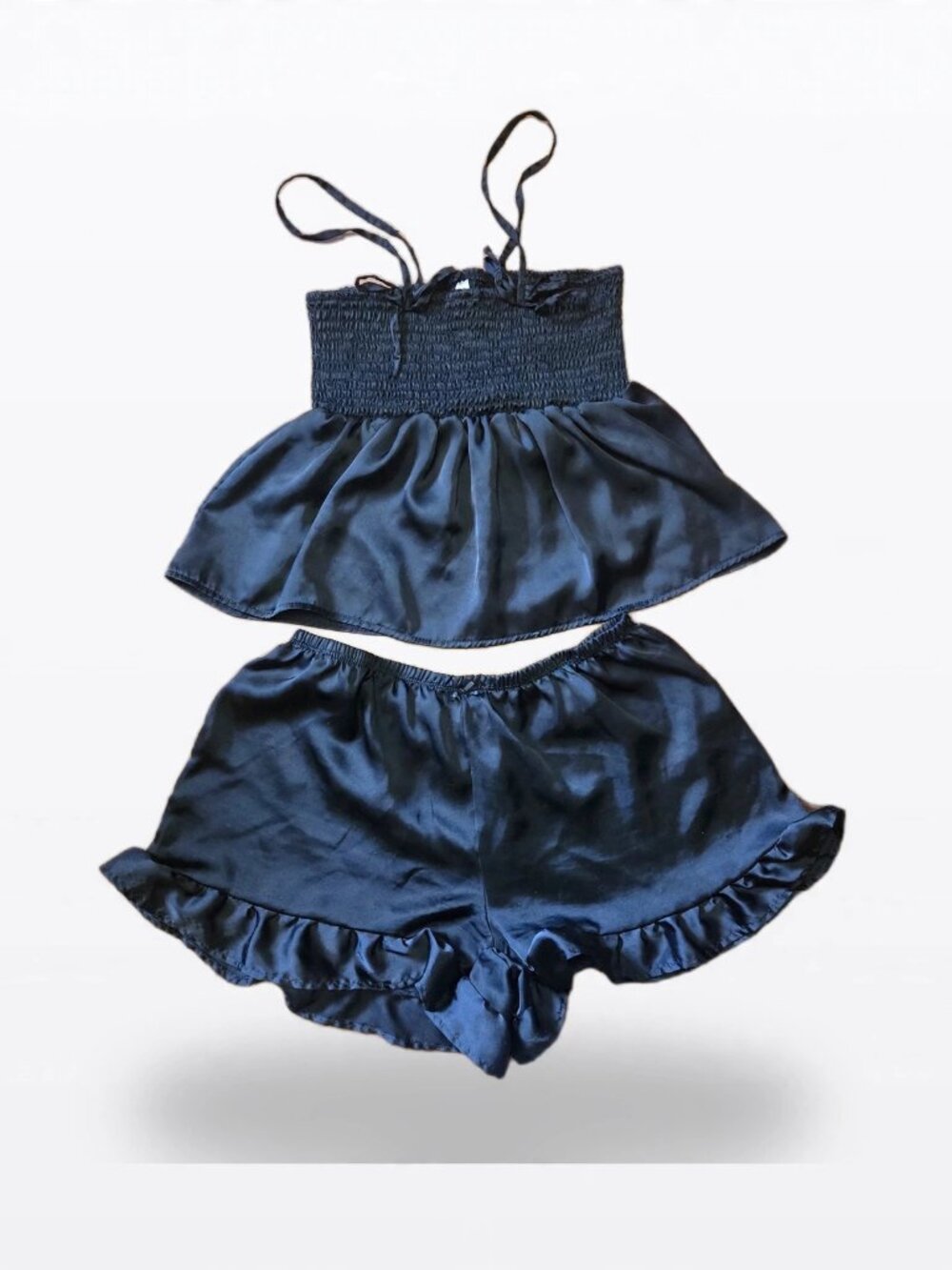 Black Silky Pajama Set Cami Top Ruffle Shorts Top S Bottoms M
